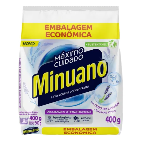 Lava-Roupas Pó Concentrado Minuano Máximo Cuidado Pacote 400g Embalagem Econômica