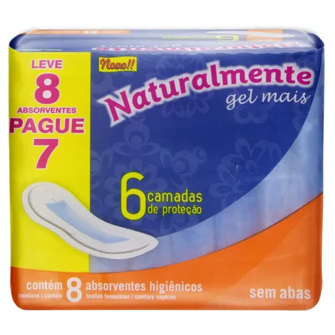 Absorvente sem Abas Naturalmente Gel Mais Pacote Leve 8 Pague 7 Unidades
