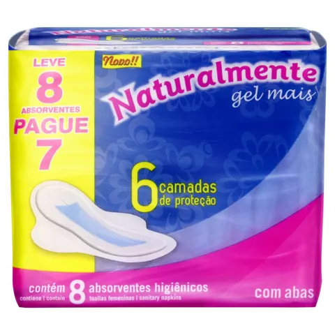 Absorvente com Abas Naturalmente Gel Mais Pacote Leve 8 Pague 7 Unidades