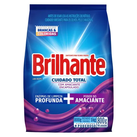 Lava-Roupas em Pó Roupas Brancas e Coloridas Brilhante Cuidado Total Pacote 800g