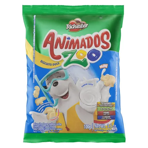 Mini Biscoito Leite Richester Animados Zoo Pacote 100g