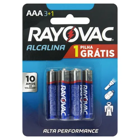 Pilha Alcalina AAA Rayovac 4 Unidades 1,5V Grátis 1 Pilha